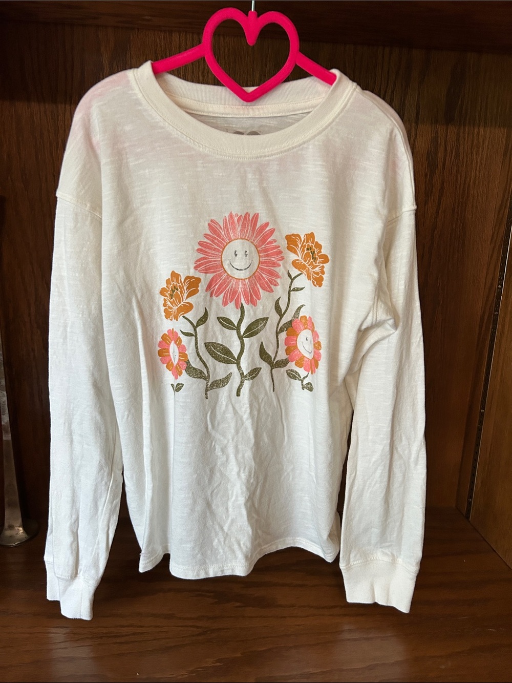 SO Cream Long-Sleeve Tee with Pink & Orange Smiling Flower Graphic